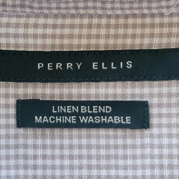 Perry Ellis Long Sleeve Linen Button Down Shirt Tan White Mens Size XL Classic - Picture 8 of 10